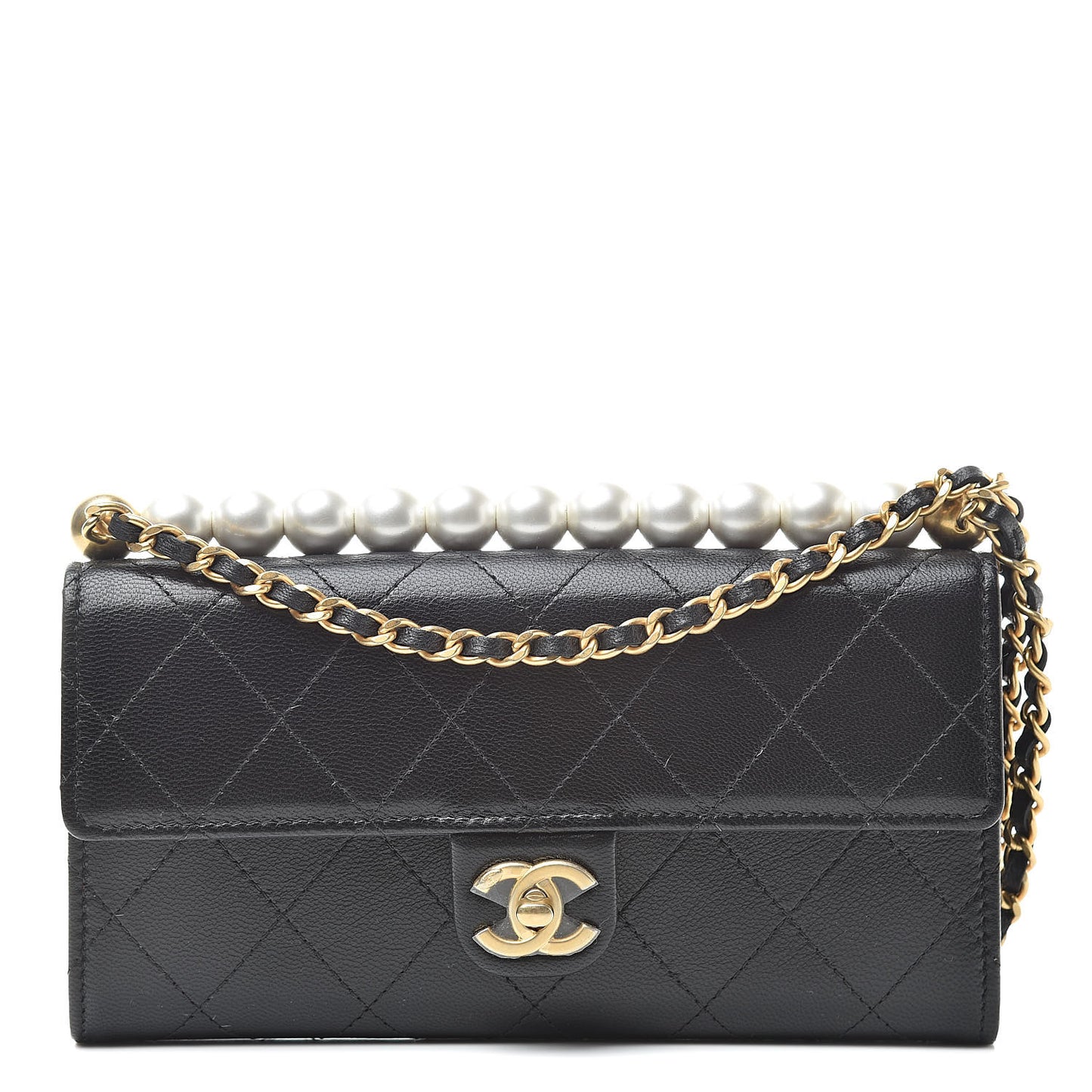 Goatskin Quilted Chic Pearls Clutch With Chain Black