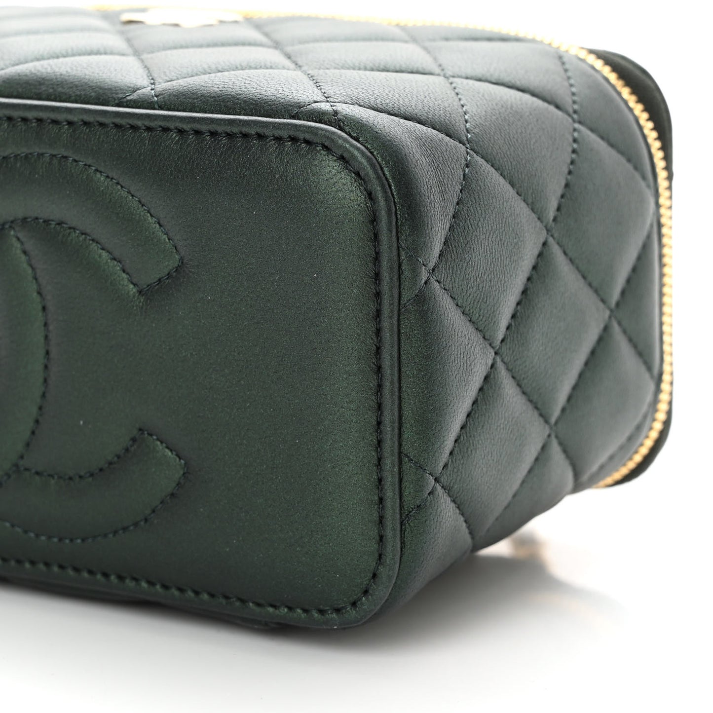 Iridescent Lambskin Quilted Small Top Handle Vanity Case With Chain Dark Green