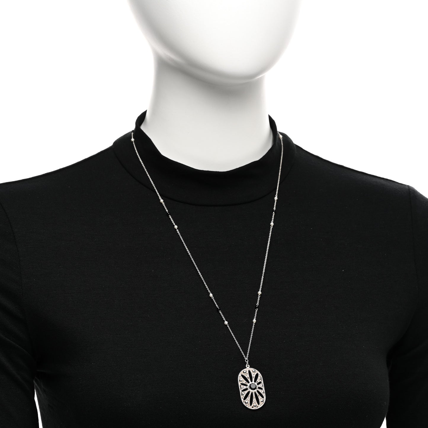 Sterling Silver Black Onyx Pearl Ziegfeld Daisy Pendant Necklace