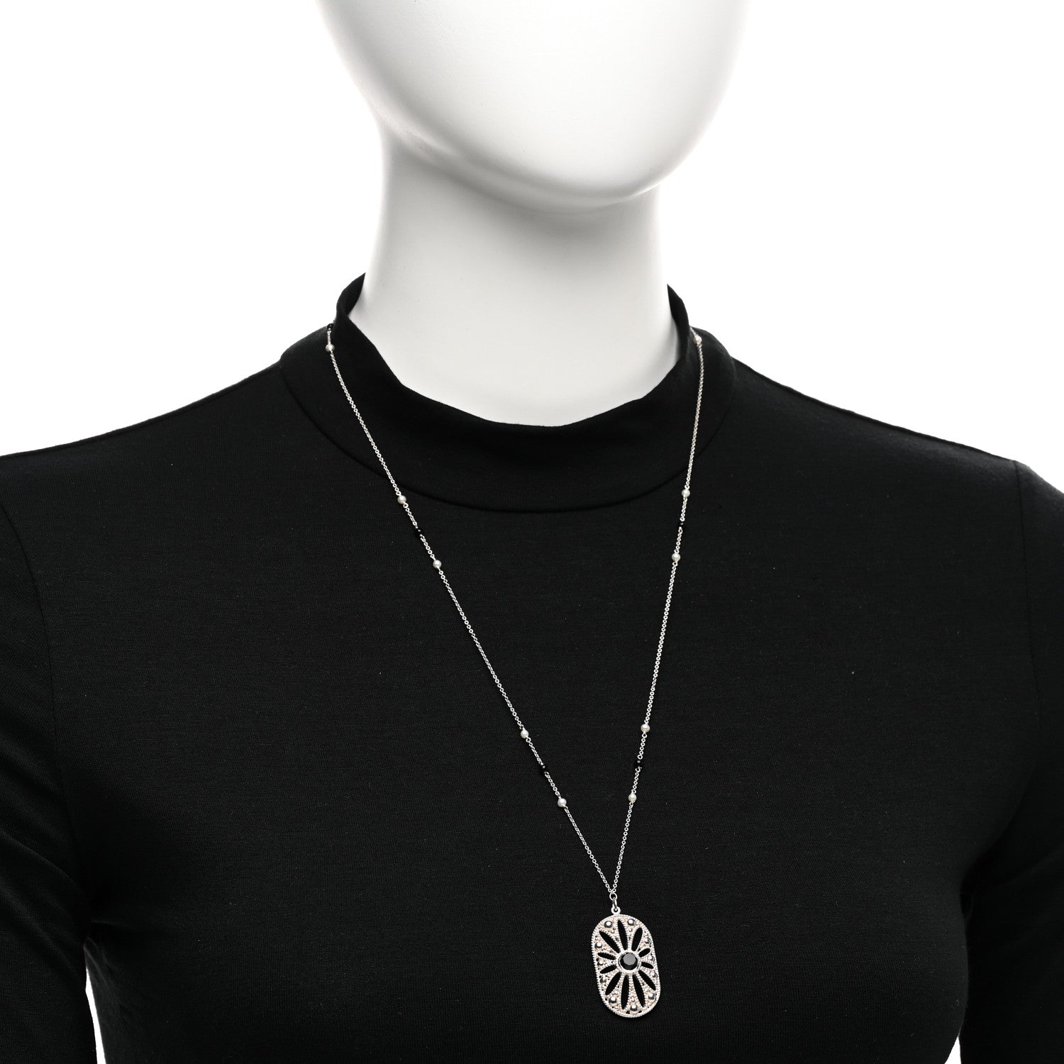 Tiffany Sterling Silver Black Onyx Pearl Ziegfeld Daisy Pendant Necklace 2 of 4