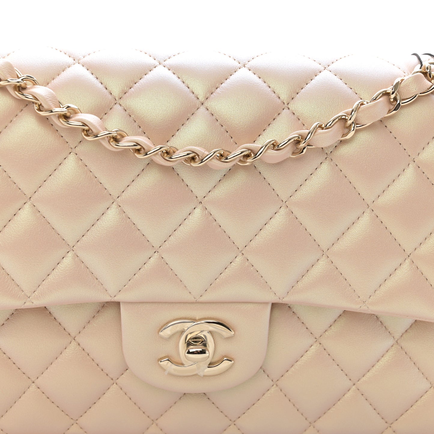 Iridescent Calfskin Quilted Medium Double Flap Beige