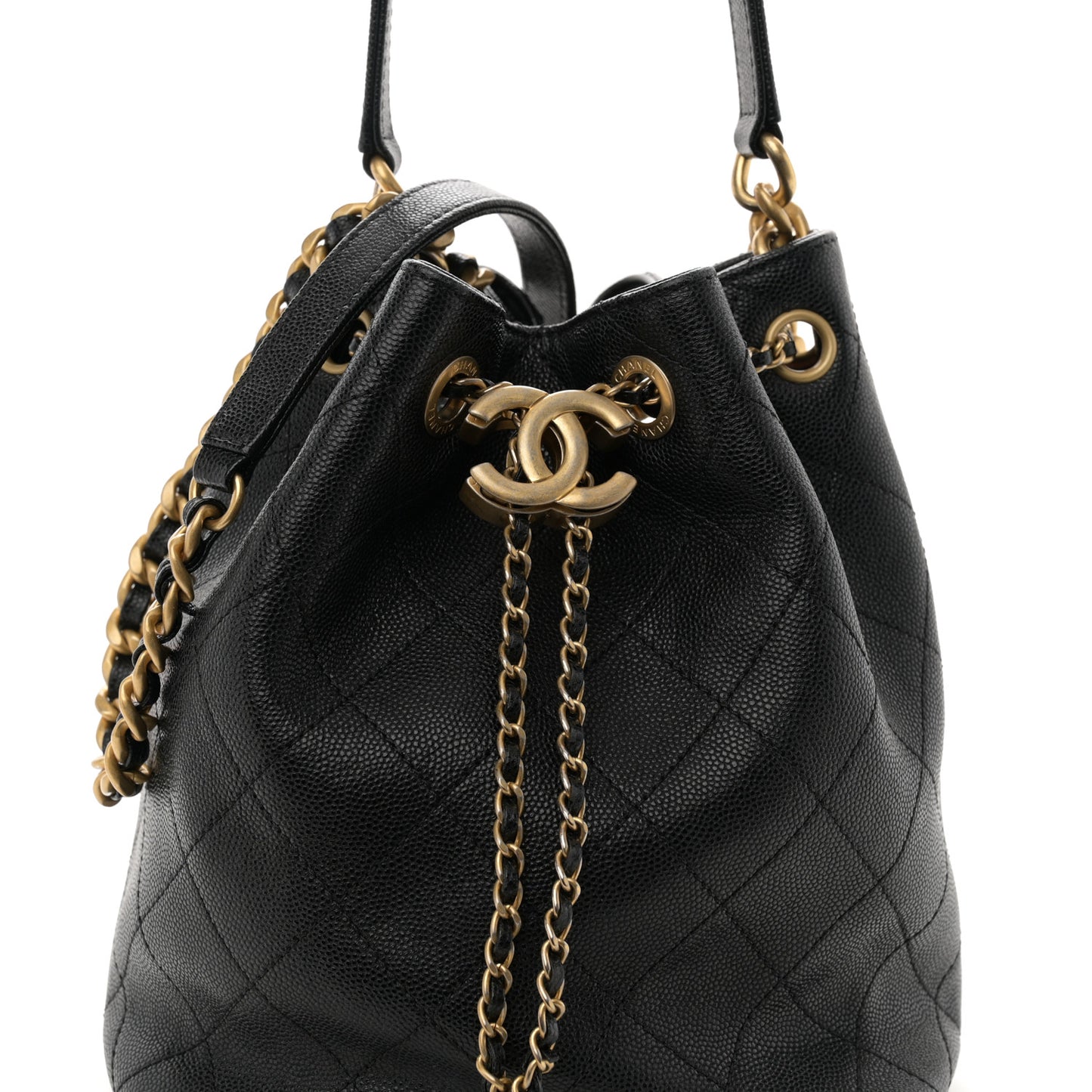 Caviar Quilted Fashion Therapy Bucket Drawstring Bag Black