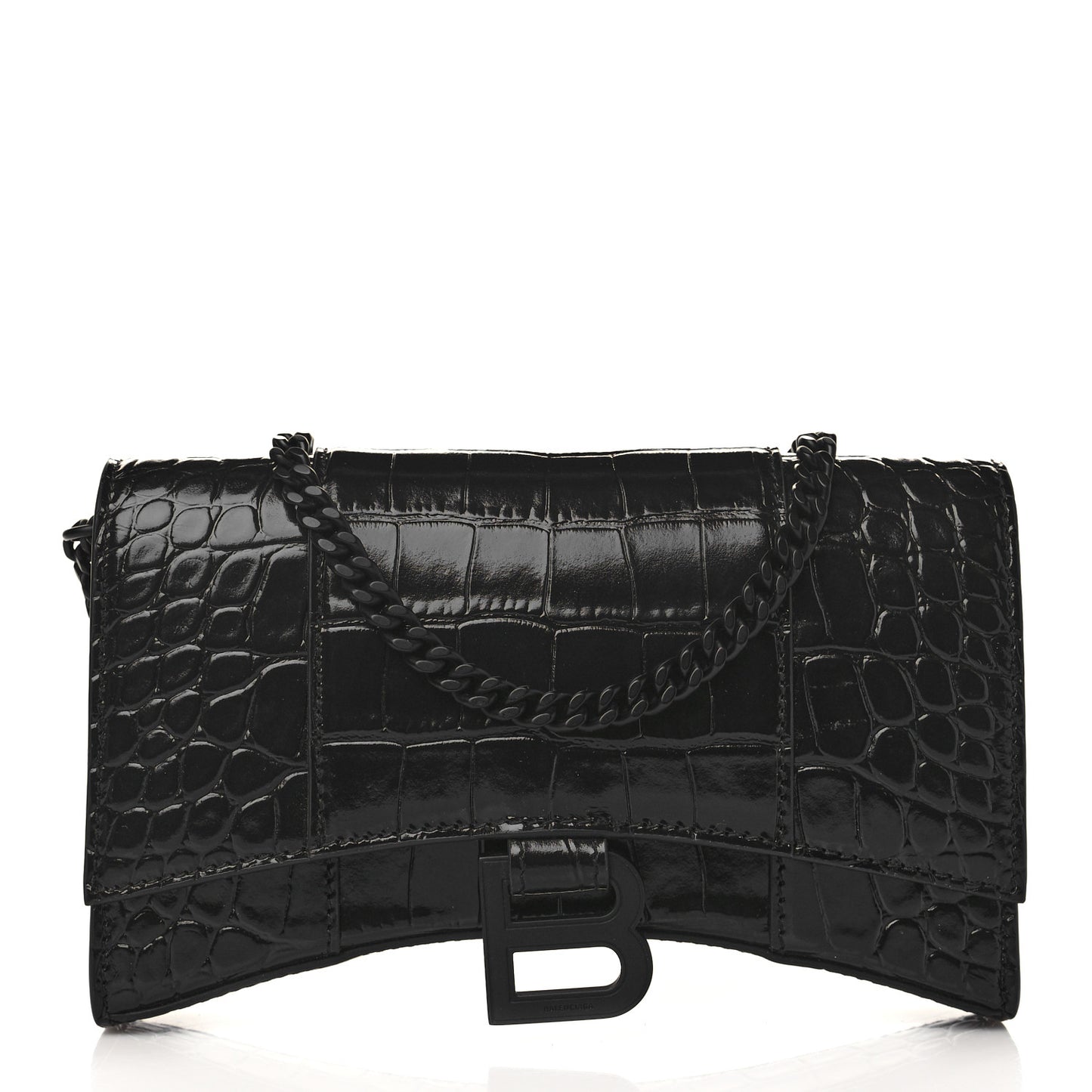 Shiny Calfskin Monochrome Crocodile Embossed Hourglass Chain Bag Black