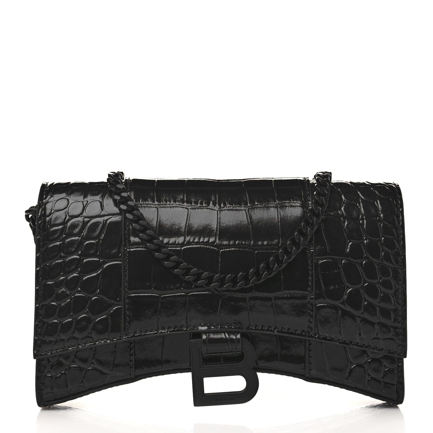 Balenciaga Shiny Calfskin Monochrome Crocodile Embossed Hourglass Chain Bag Black 1 of 8