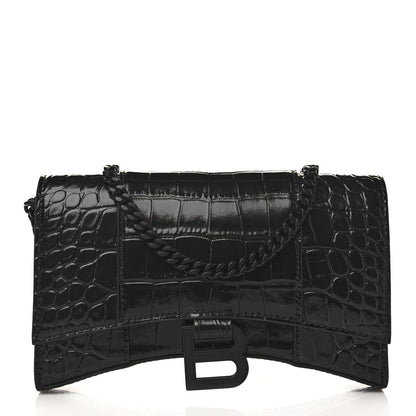 Balenciaga Shiny Calfskin Monochrome Crocodile Embossed Hourglass Chain Bag Black 1 of 8