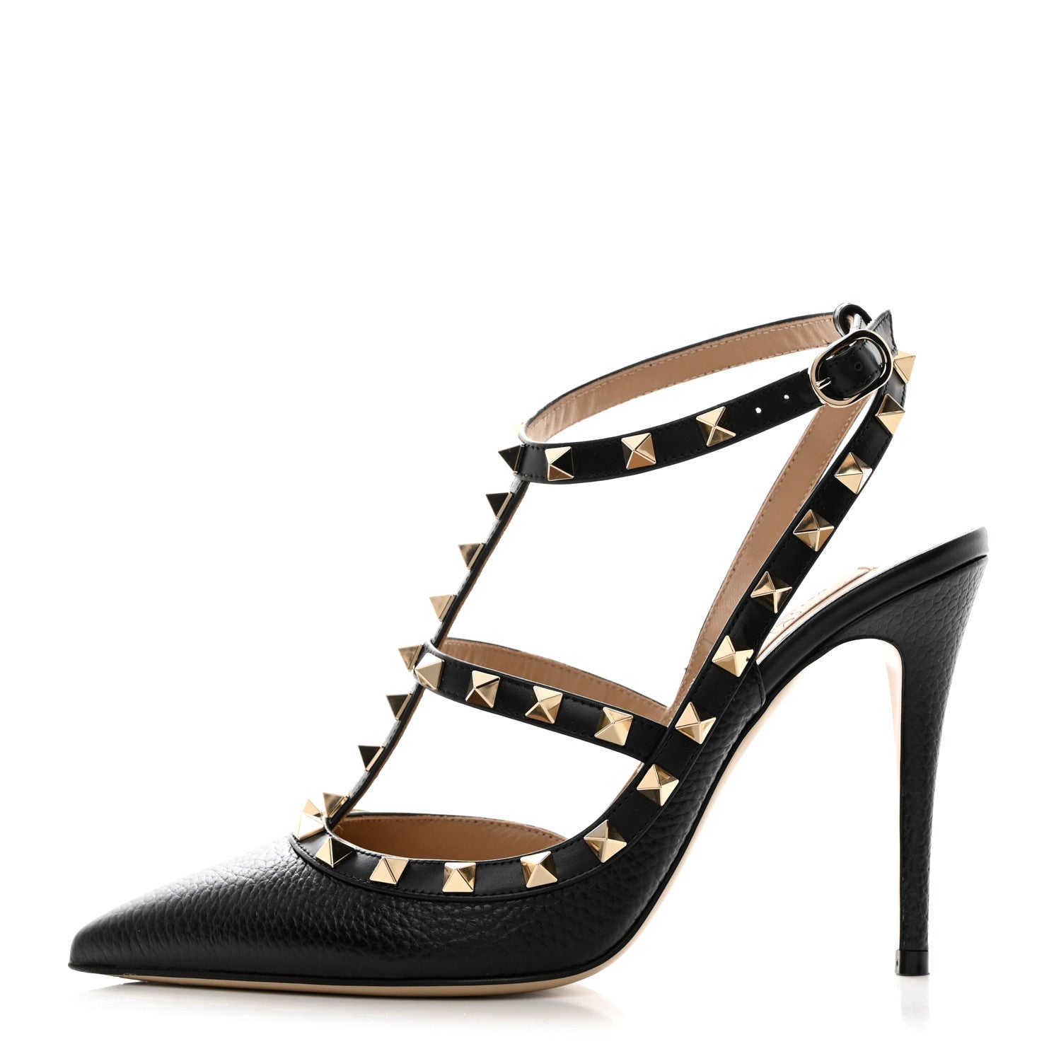 Valentino Garavani Pebbled Calfskin Rockstud Ankle Strap 100mm Pumps 39 Black 1 of 7