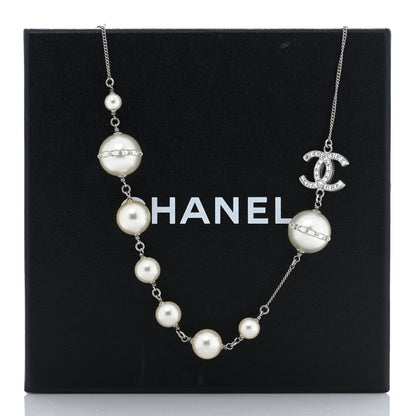 Chanel Baguette Crystal Pearl CC Long Necklace Silver 8 of 8