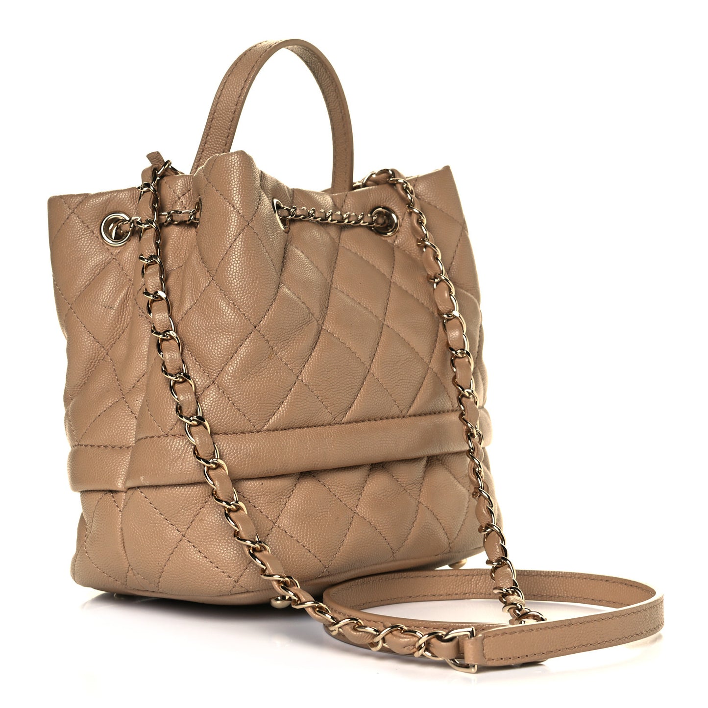 Caviar Quilted Rolled Up Bucket Drawstring Bag Beige