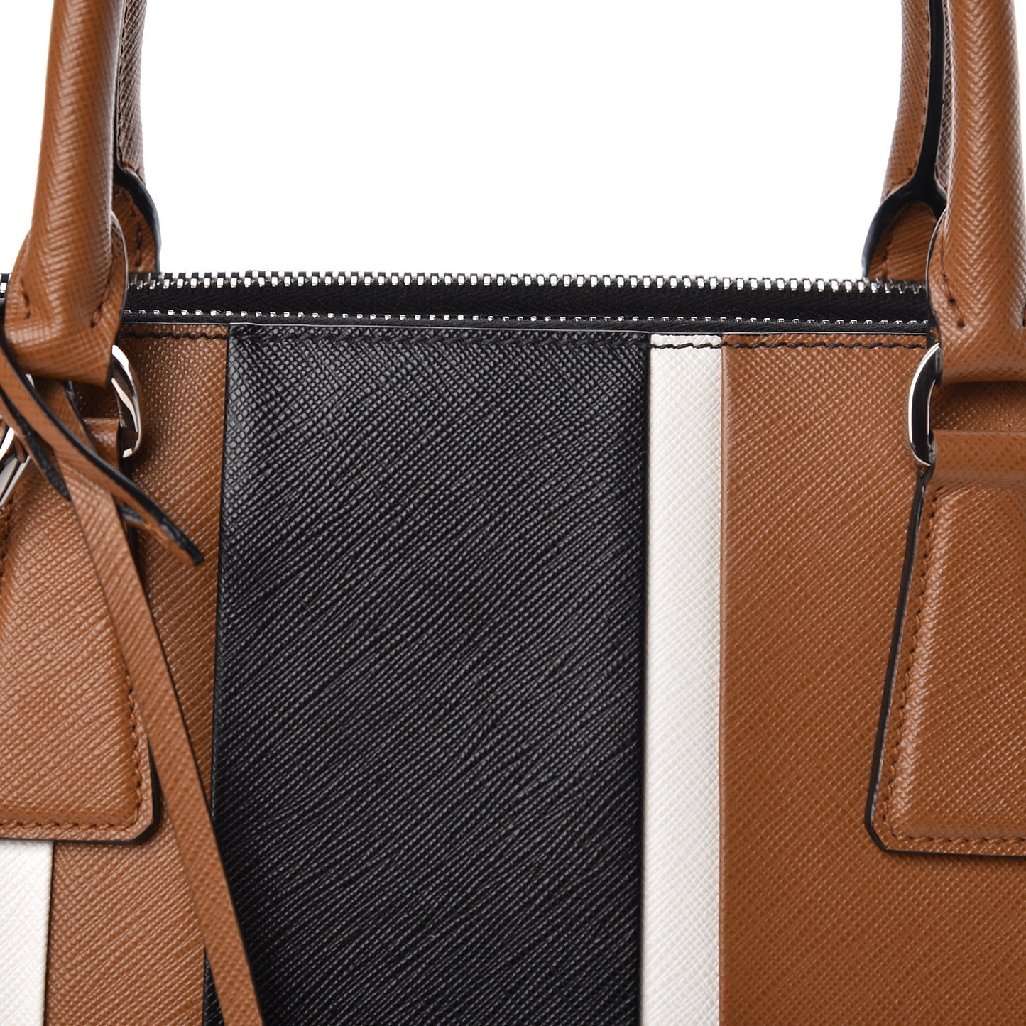 Saffiano Baiadera Striped Medium Galleria Double Zip Tote Caramel Black White