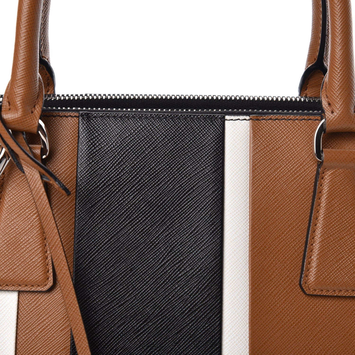 Prada Saffiano Baiadera Striped Medium Galleria Double Zip Tote Caramel Black White 8 of 14