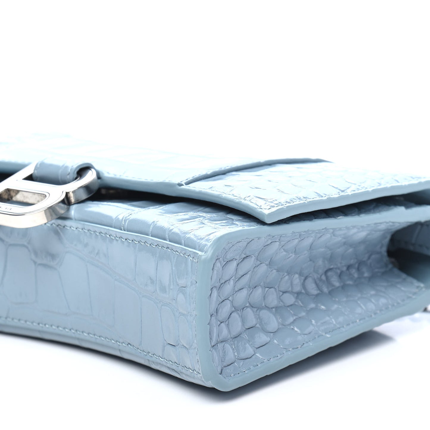 Shiny Calfskin Crocodile Embossed Hourglass Chain Bag Blue Grey