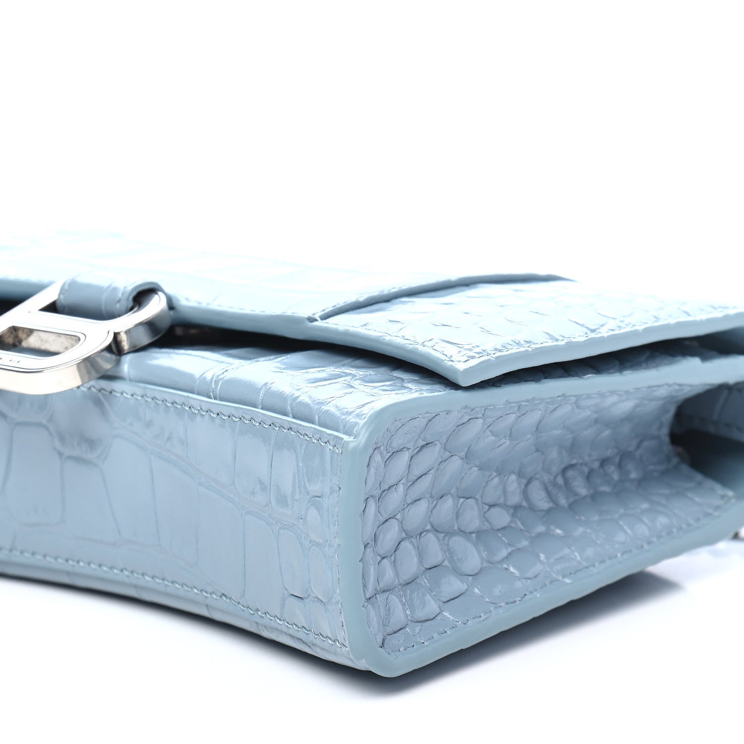 Balenciaga Shiny Calfskin Crocodile Embossed Hourglass Chain Bag Blue Grey 10 of 10