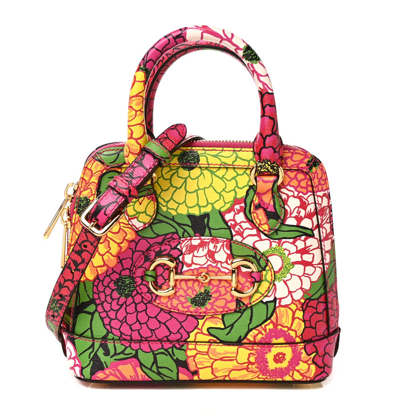 X KEN SCOTT Textured Calfskin Pomponica Print Mini Horsebit 1955 Top Handle Bag Multicolor Fuxia Pompom