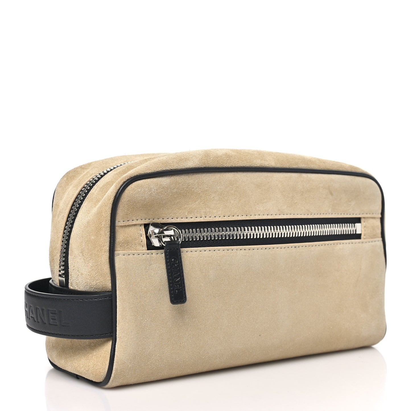 Suede Calfskin Large Zipped Pouch Beige