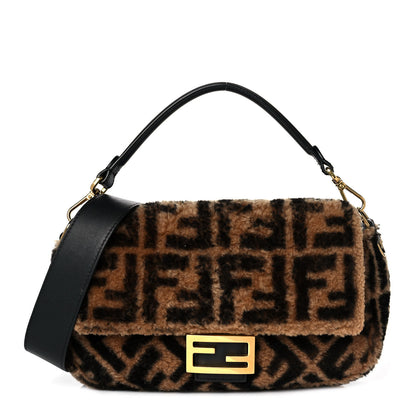 Fendi Shearling Vitello Dolce Macro FF 1974 Baguette Tobacco Black 1 of 9