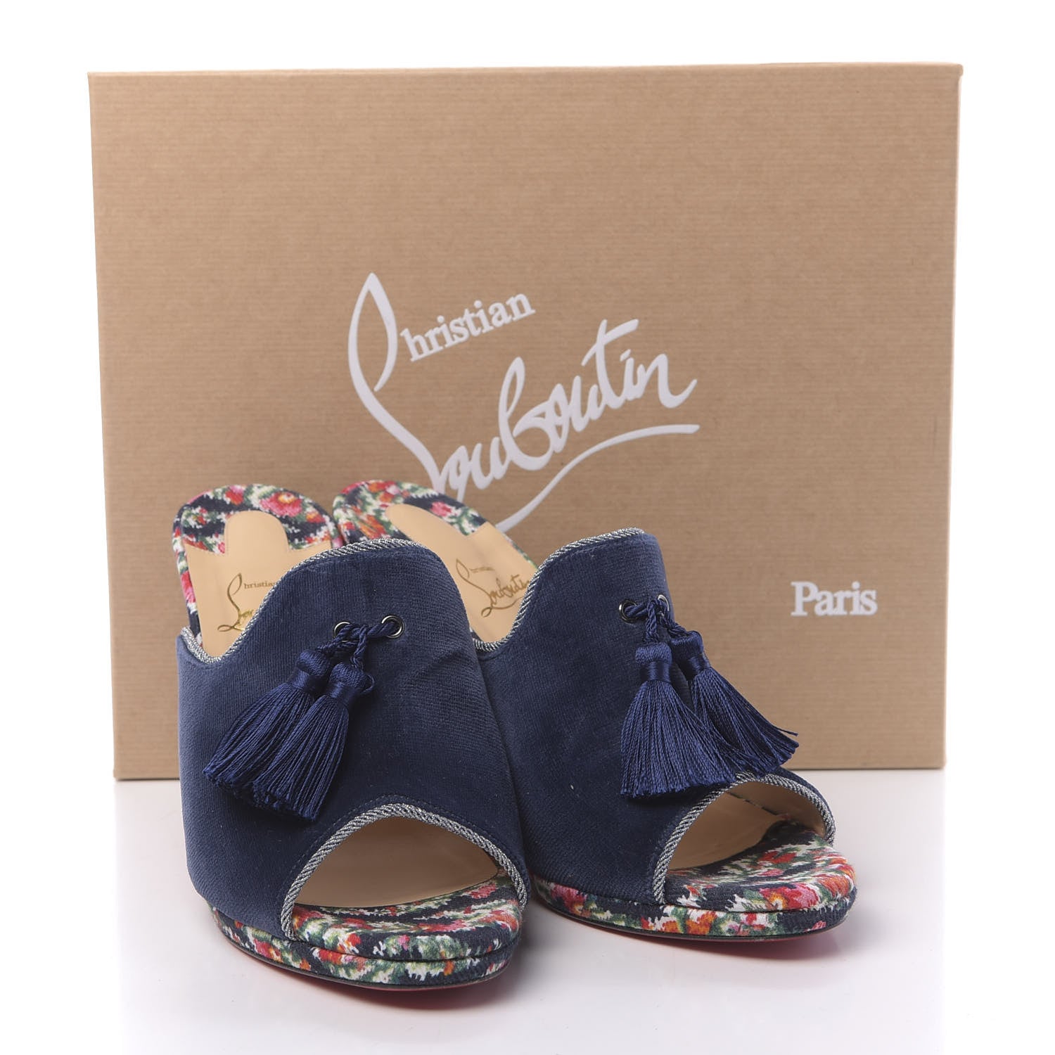 Christian Louboutin Velvet Cotton Denim Fiori Vienne 100 Slide Sandals 41 Multicolor Navy 10 of 10