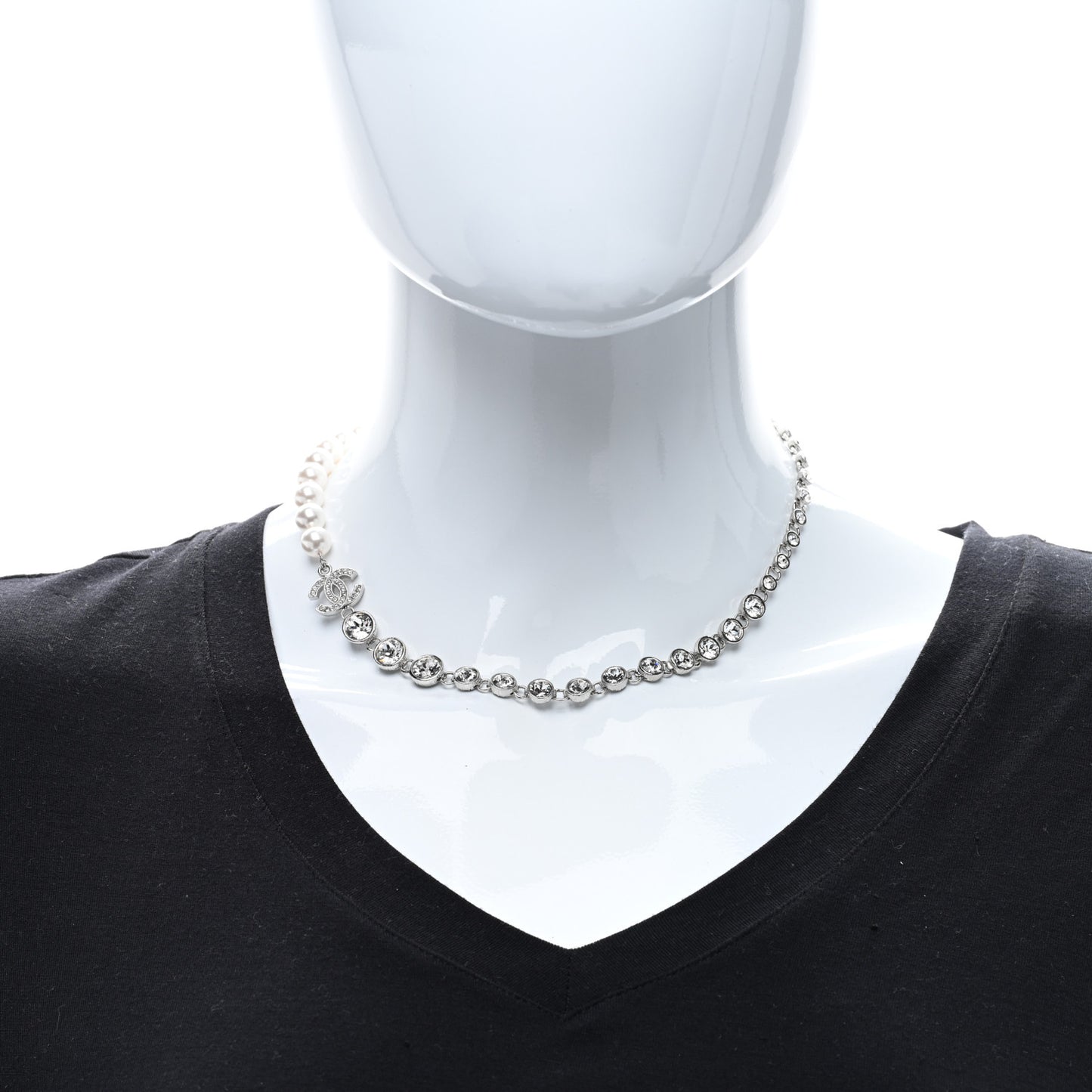 Pearl Crystal CC Choker Necklace Silver