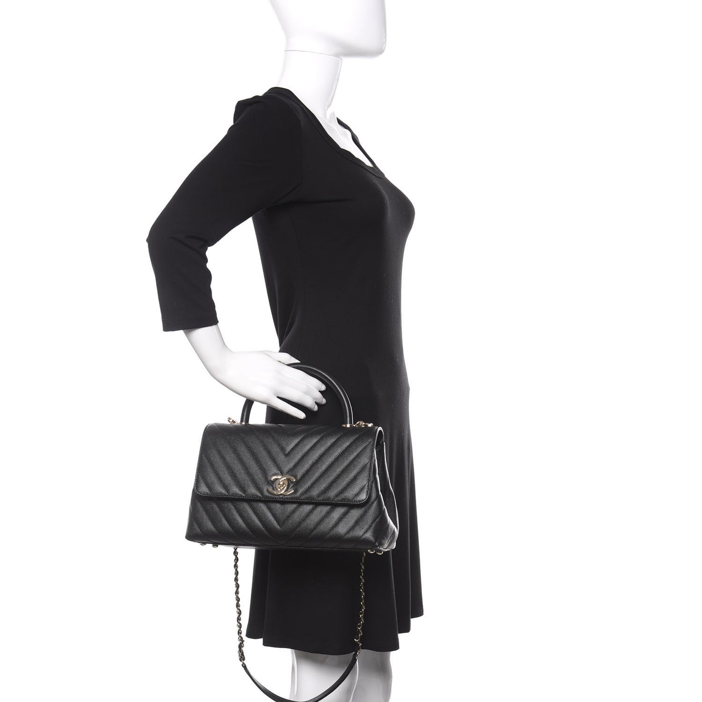 Caviar Chevron Quilted Small Coco Handle Flap Black
