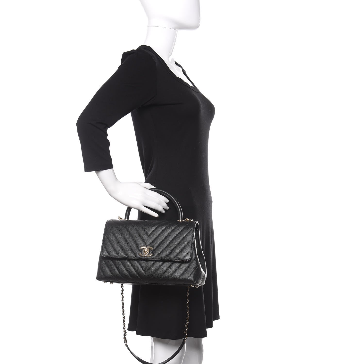 Chanel Caviar Chevron Quilted Small Coco Handle Flap Black 3 of 11