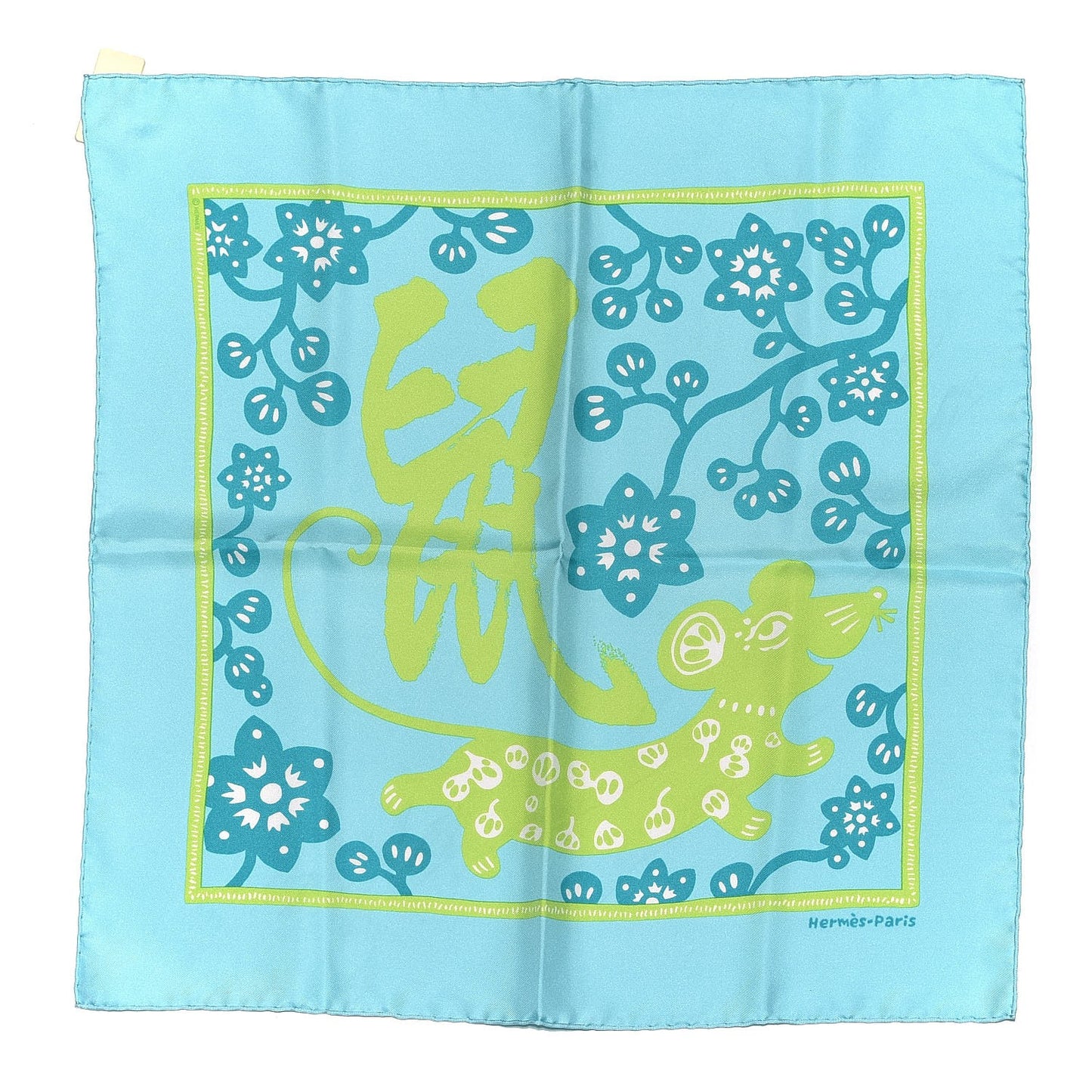 Silk L Annee du Rat Pocket Square Scarf Turquoise Vert Vif Aqua