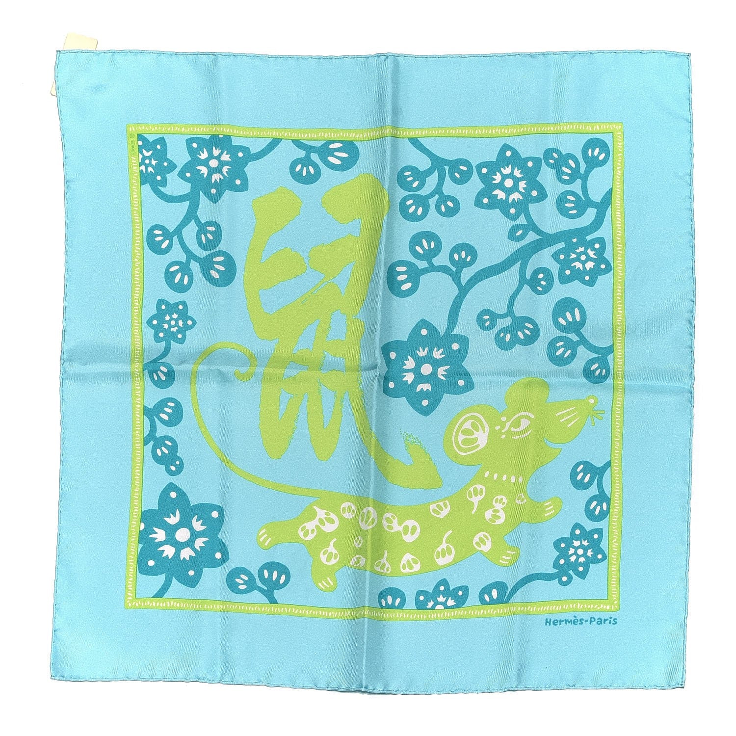 Hermes Silk L Annee du Rat Pocket Square Scarf Turquoise Vert Vif Aqua 1 of 5