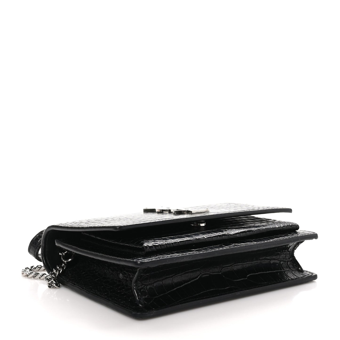 Calfskin Crocodile Embossed Monogram Sunset Top Handle Chain Wallet Black