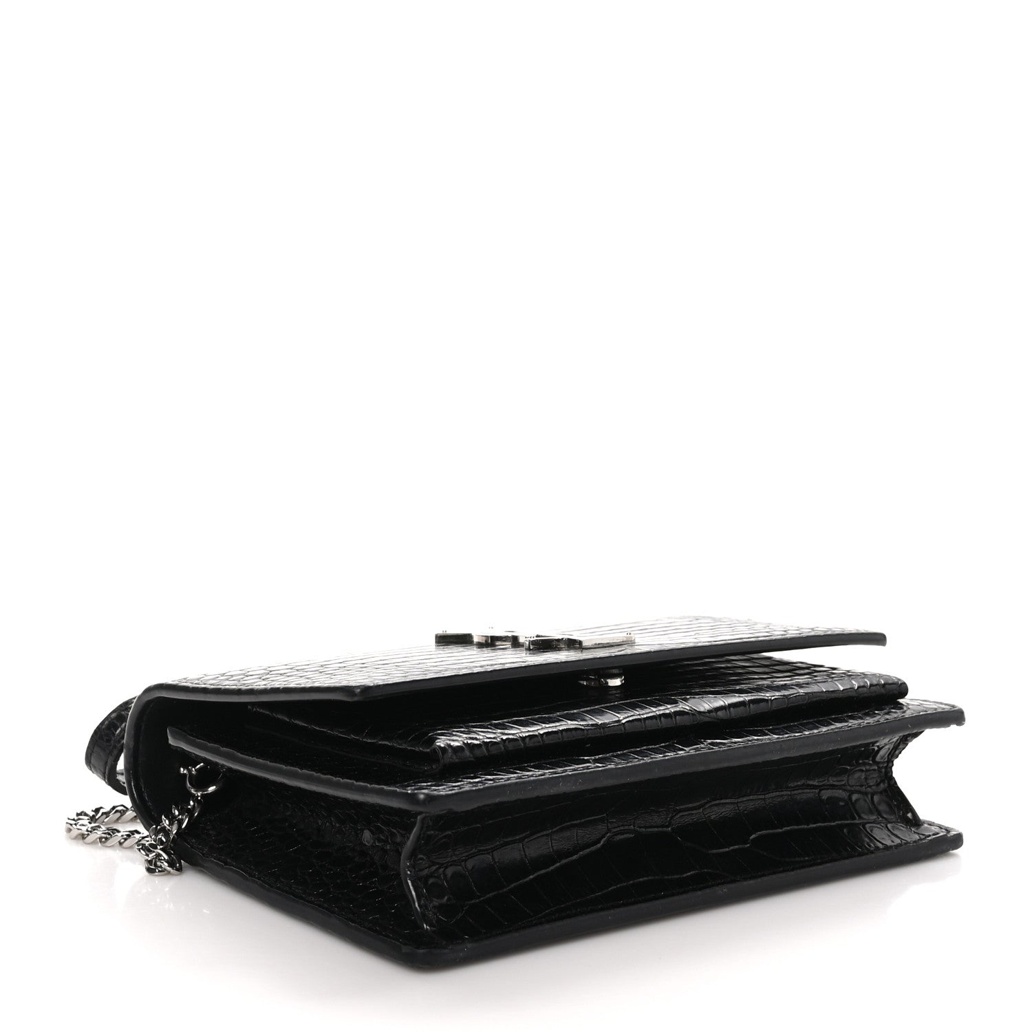 Saint Laurent Calfskin Crocodile Embossed Monogram Sunset Top Handle Chain Wallet Black 4 of 9