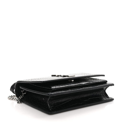 Saint Laurent Calfskin Crocodile Embossed Monogram Sunset Top Handle Chain Wallet Black 4 of 9