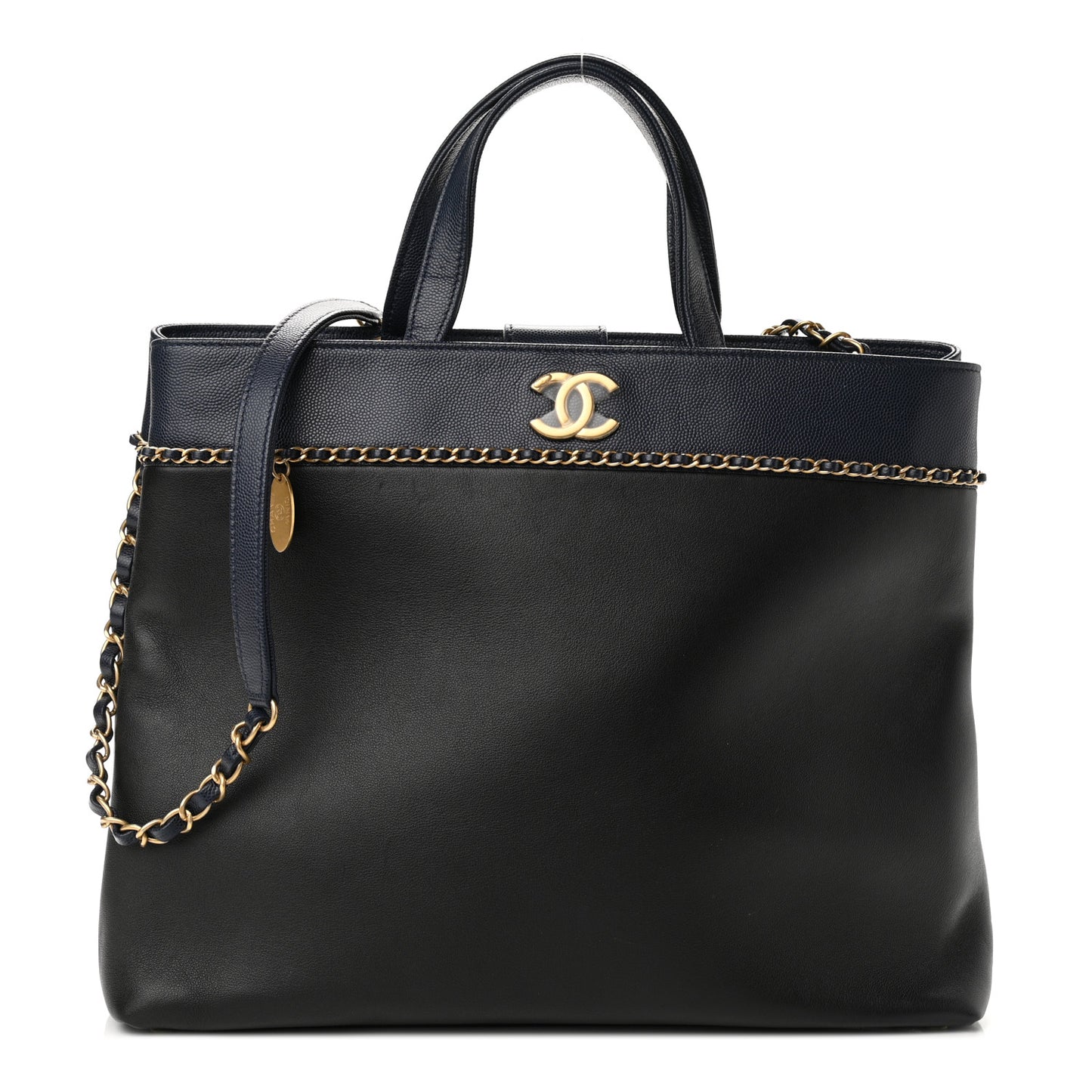 Lambskin Caviar Lovely Chains Shopping Tote Black Navy