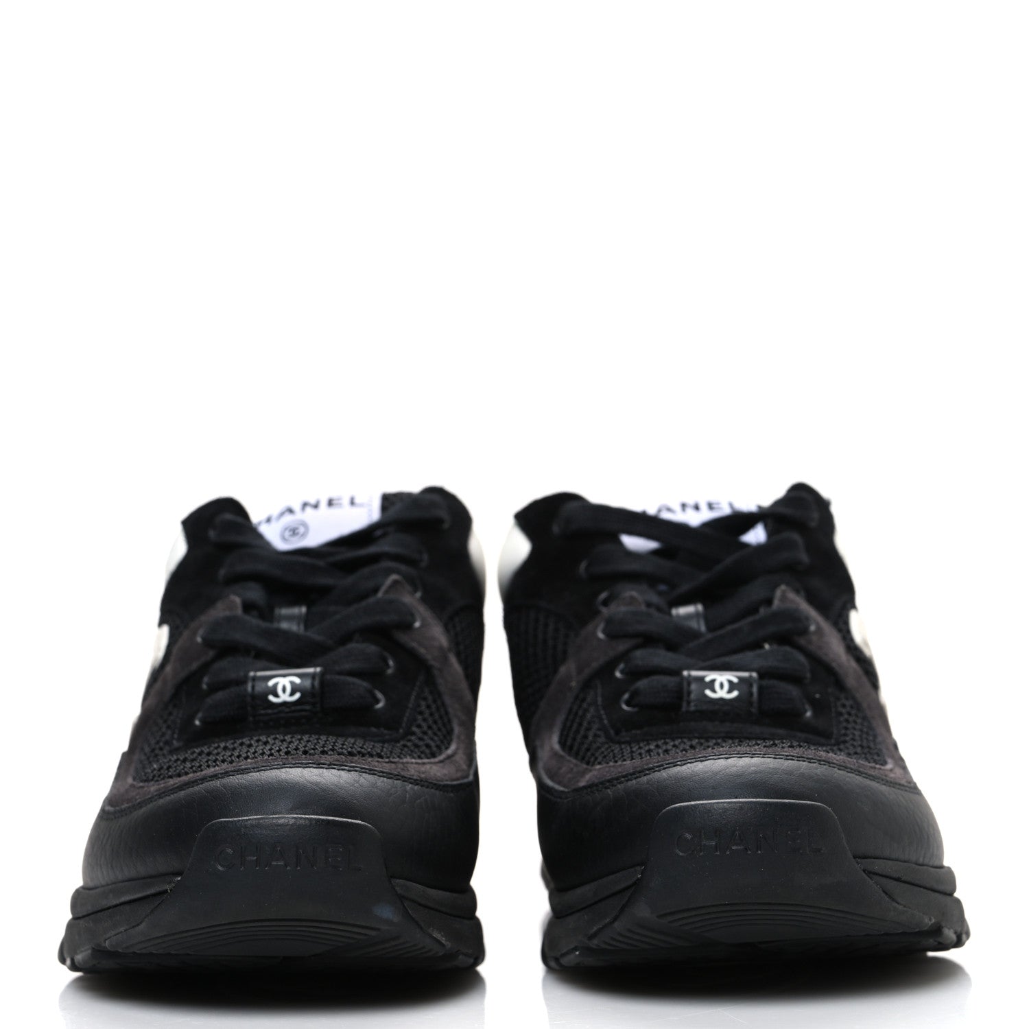 Chanel Mesh Suede Grained Calfskin Womens CC Sneakers 37.5 Black White 3 of 10