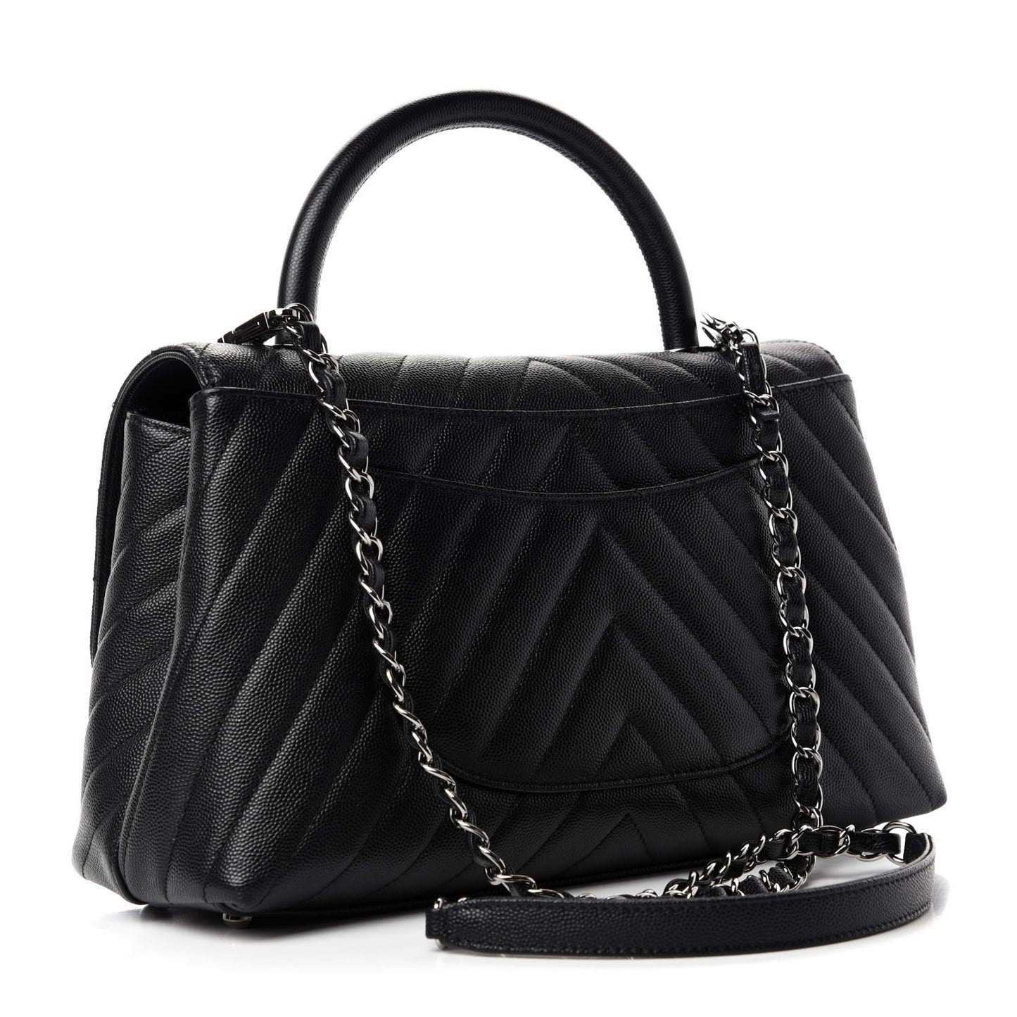 Caviar Chevron Quilted Small Coco Handle Flap Black