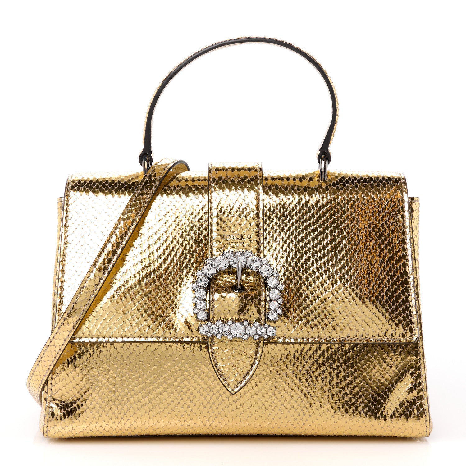 Jimmy Choo Metallic Calfskin Lizard Crystal Embossed Cheri Top Handle Bag Gold 1 of 10