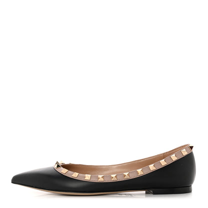Valentino Garavani Calfskin Nappa Rockstud Ballerina Flats 37.5 Black Poudre 1 of 14