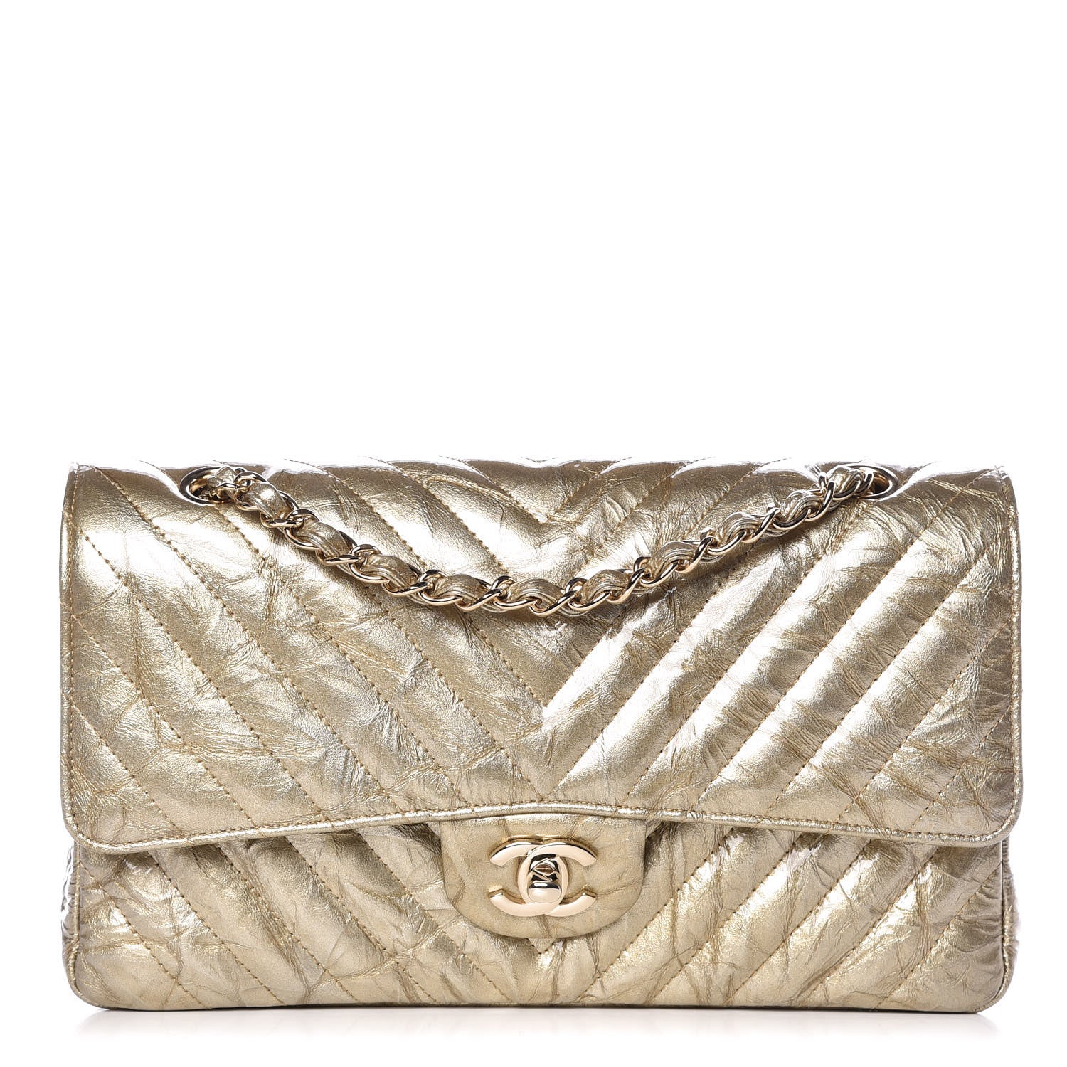 Chanel Metallic Patent Crumpled Calfskin Chevron Quilted Medium Double Flap Gold 1 of 12
