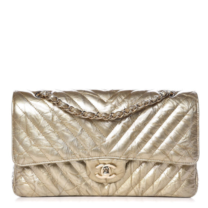 Chanel Metallic Patent Crumpled Calfskin Chevron Quilted Medium Double Flap Gold 1 of 12