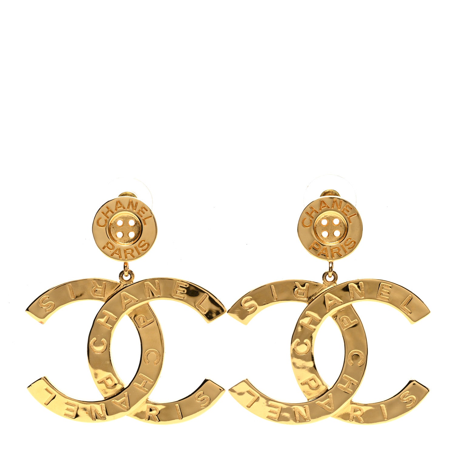 Chanel Metal Large Paris Button Earrings Gold 1 of 5