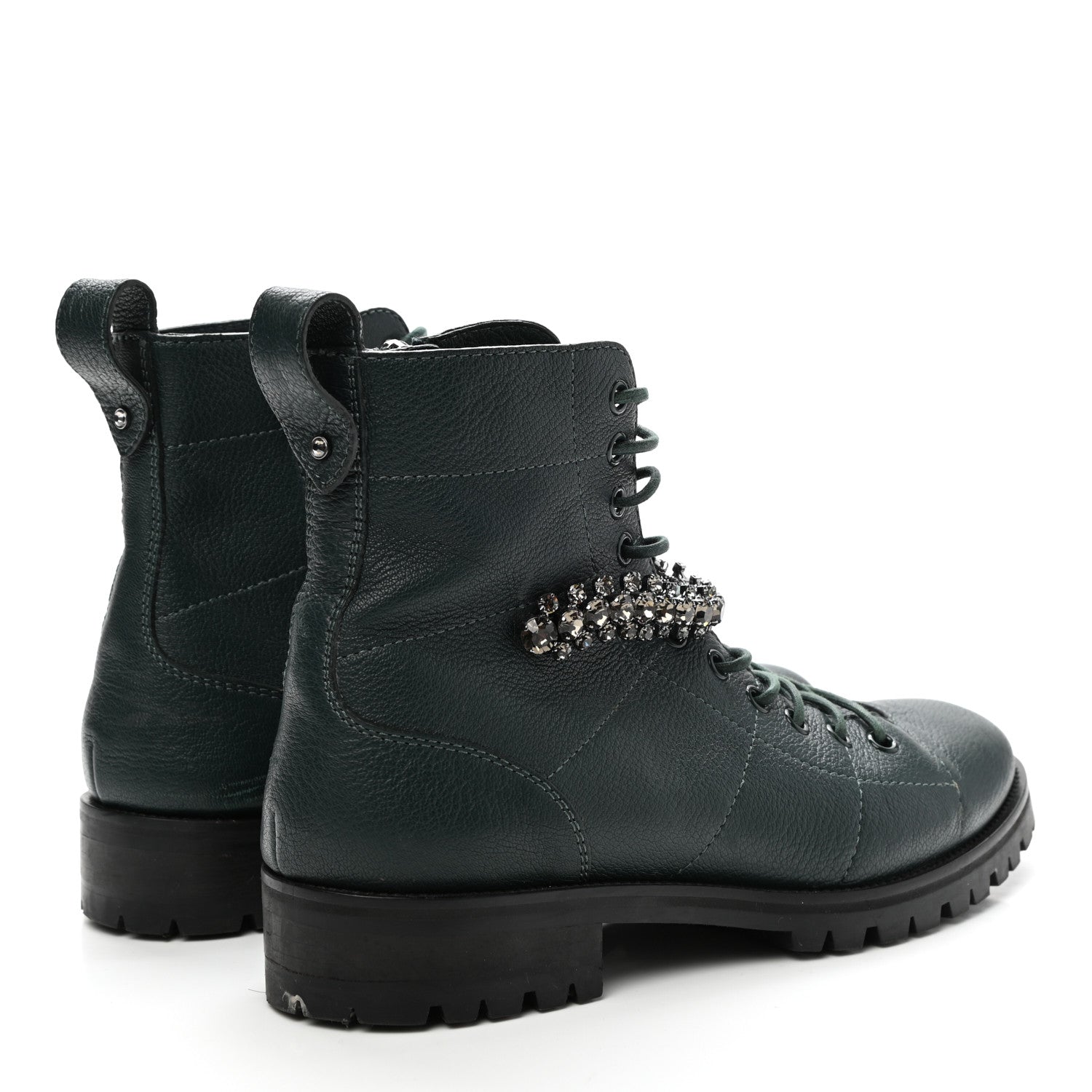 Jimmy Choo Grained Calfskin Crystal Embellished Cruz Combat Boots 40 Dark Green 4 of 11