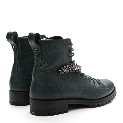 Jimmy Choo Grained Calfskin Crystal Embellished Cruz Combat Boots 40 Dark Green 4 of 11