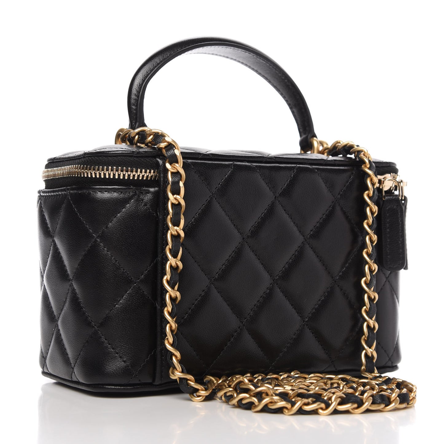 Lambskin Quilted Small Top Handle Vanity Case With Chain Black