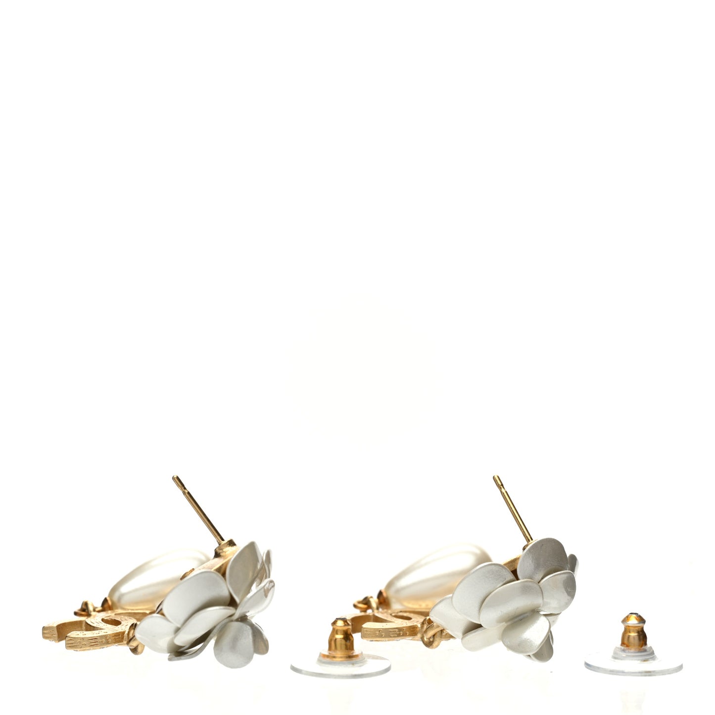 Metal Crystal Pearl 90s Camellia CC Drop Earrings Gold