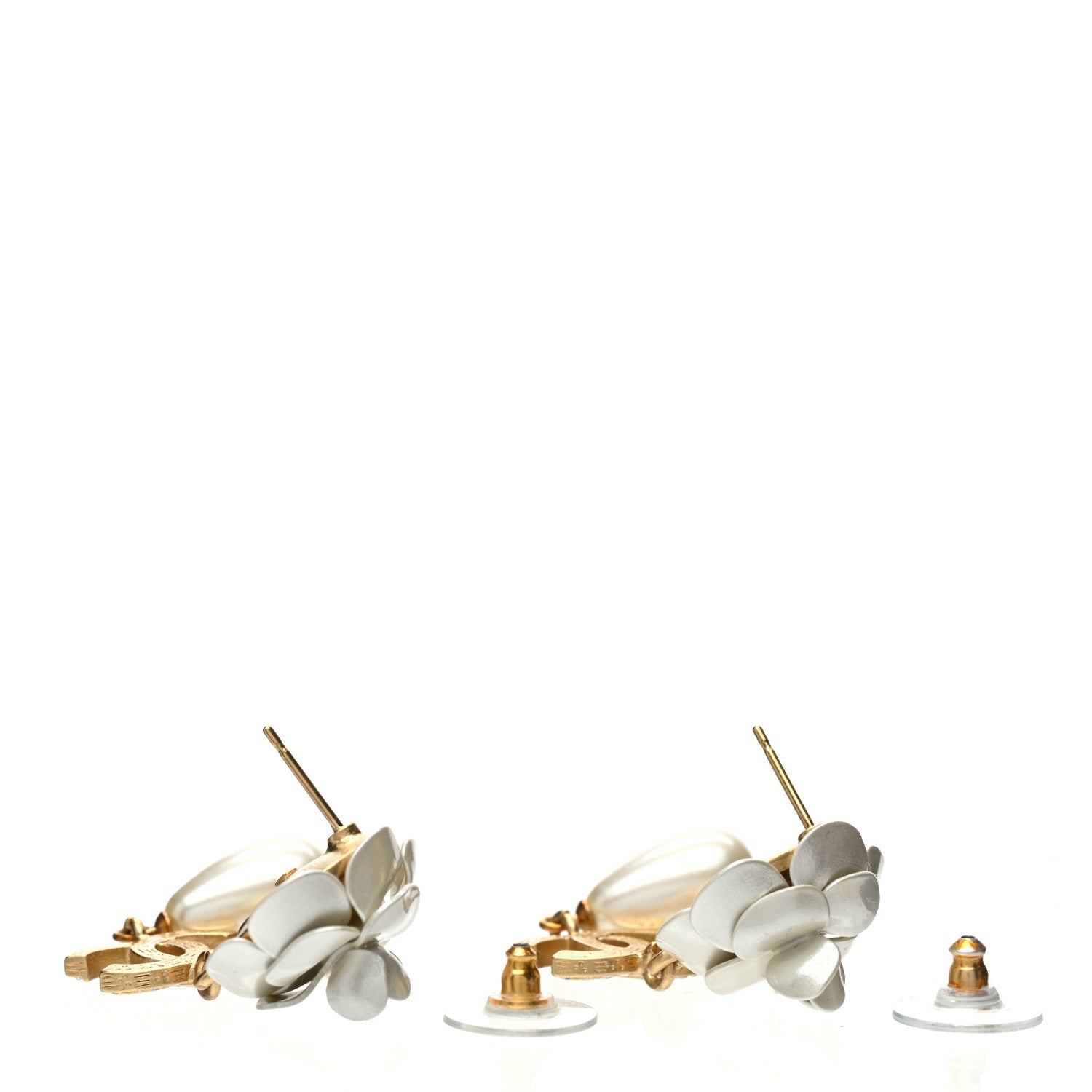 Chanel Metal Crystal Pearl 90s Camellia CC Drop Earrings Gold 3 of 4