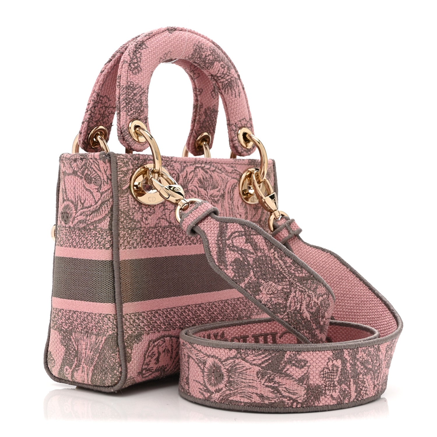 Christian Dior Canvas Toile De Jouy Embroidered Mini Lady D-Lite Gray Pink 3 of 10