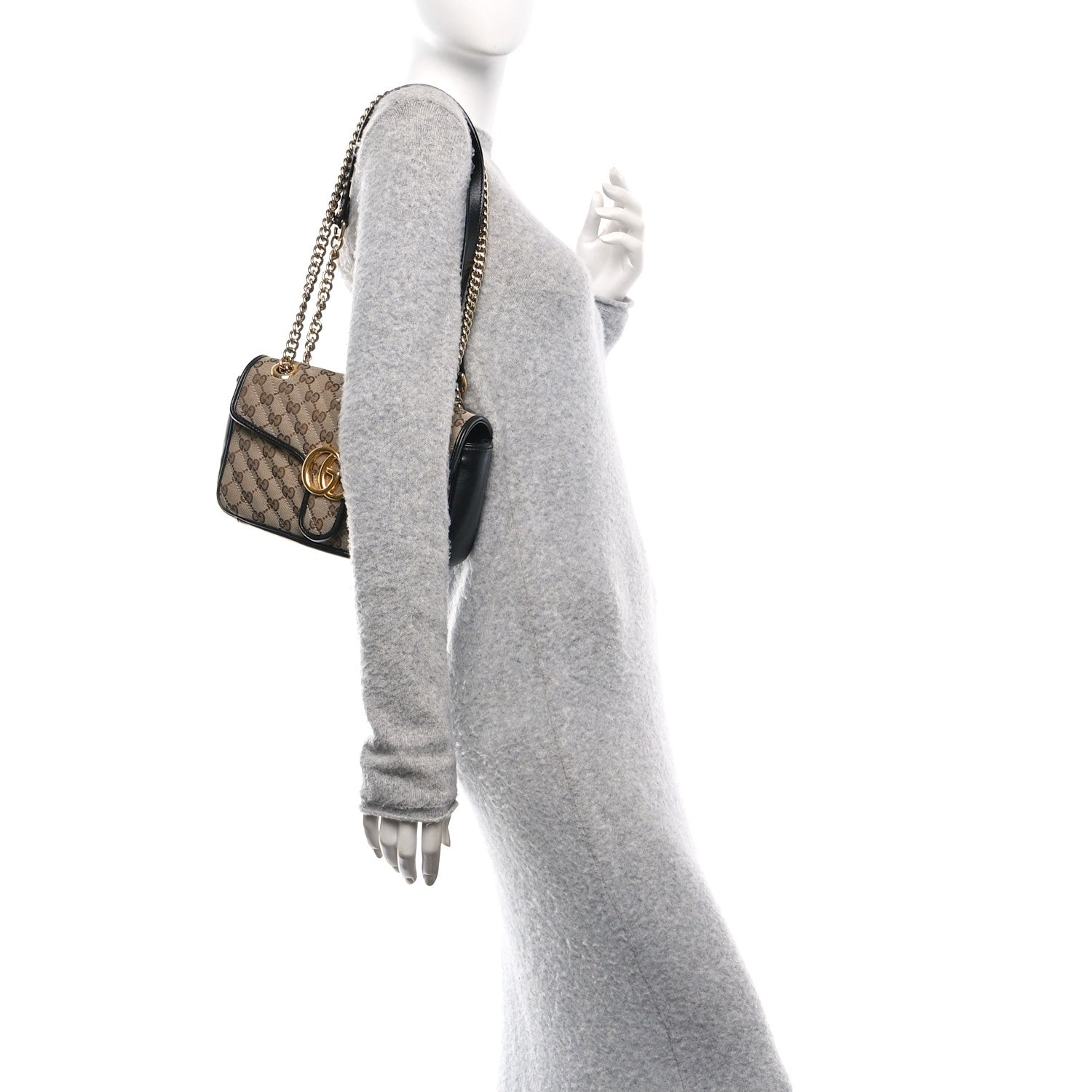Gucci Monogram Matelasse Diagonal Small GG Marmont Shoulder Bag Beige Black 2 of 13