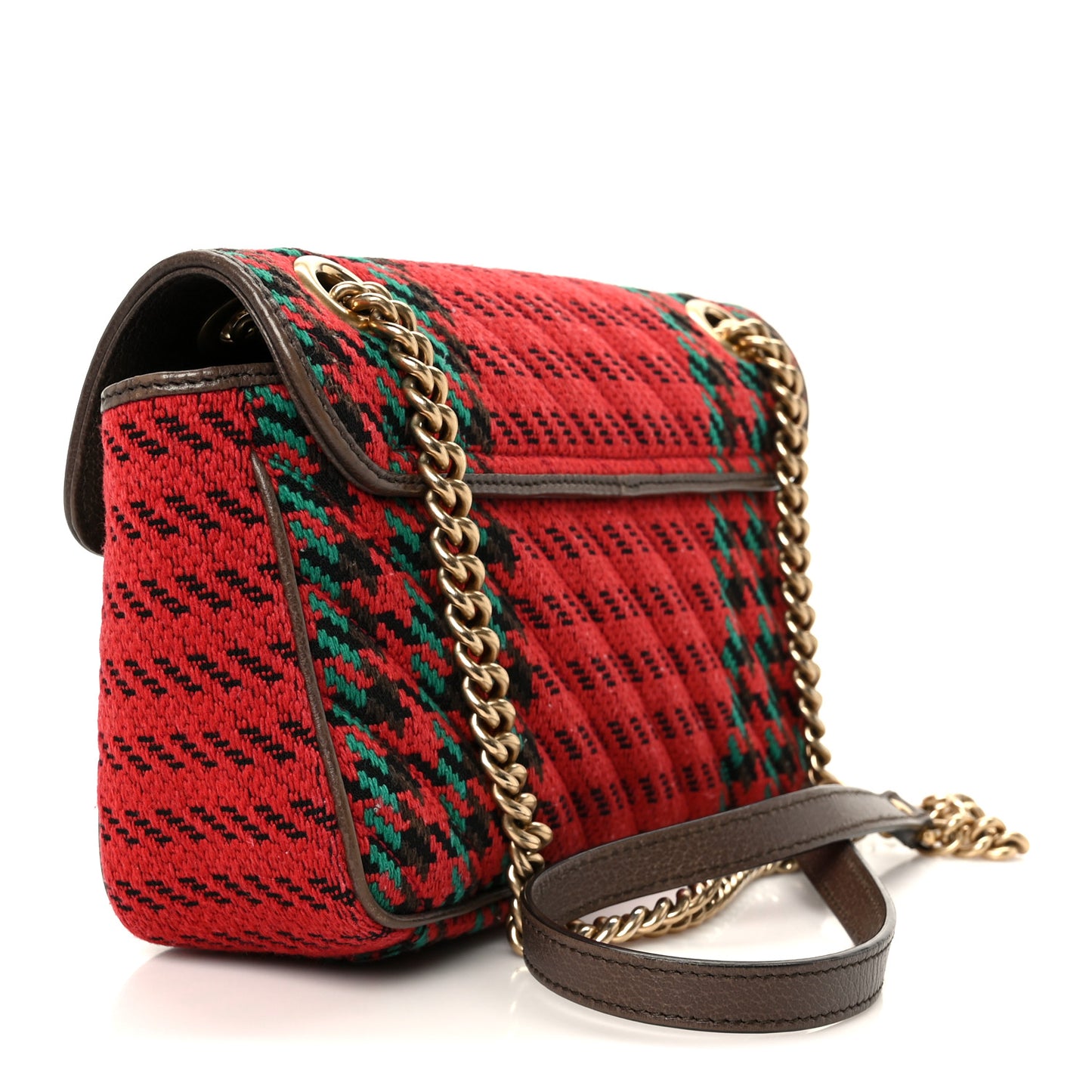 Wool Tweed Textured Dollar Calfskin Matelasse Diagonal Plaid Small GG Marmont Shoulder Bag Red Green Multicolor New Acero