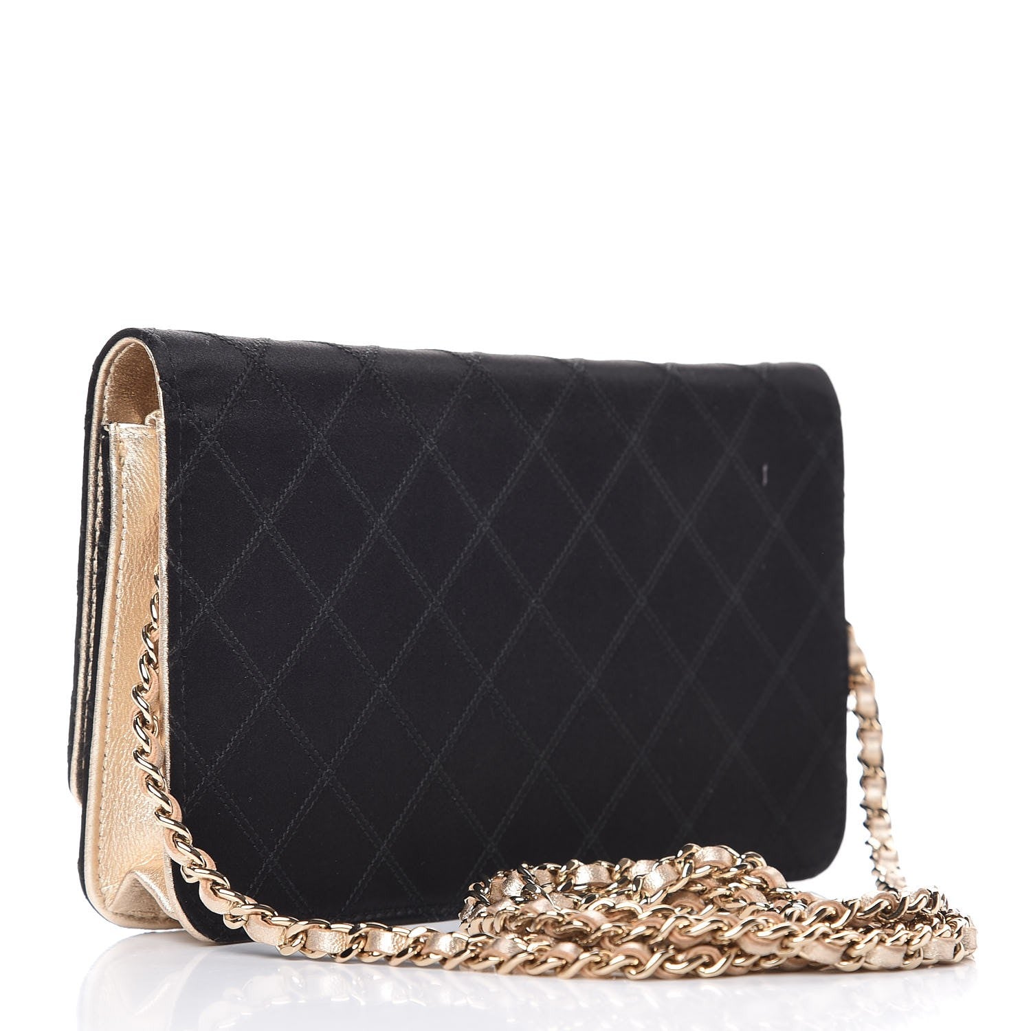 Chanel Satin Diamond Stitch Wallet On Chain WOC Black Gold 3 of 9