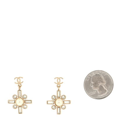 Chanel Crystal Baguette Pearl Sparkling Pearl CC Drop Earrings Light Gold 2 of 4
