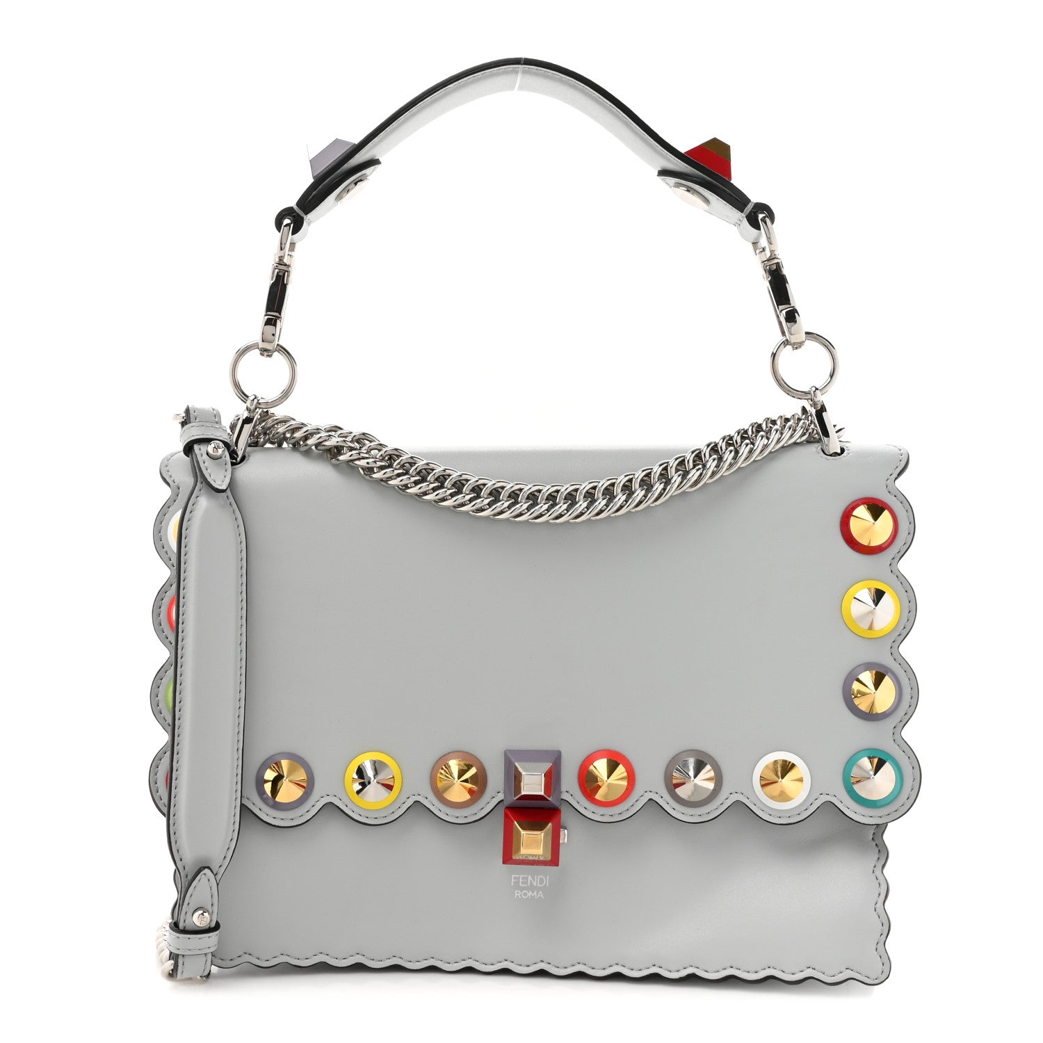 Fendi Vitello Liberty Scalloped Spike Studded Kan I Shoulder Bag Grigio Perla Multicolor 1 of 16