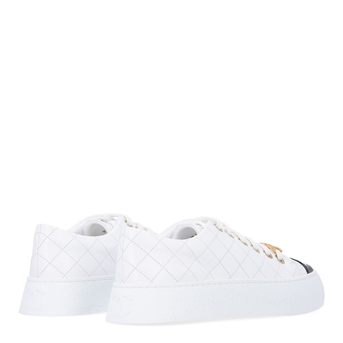 Chanel Crumpled Lambskin Patent Cap Toe CC Stitched Sneakers 38 White Black 5 of 10
