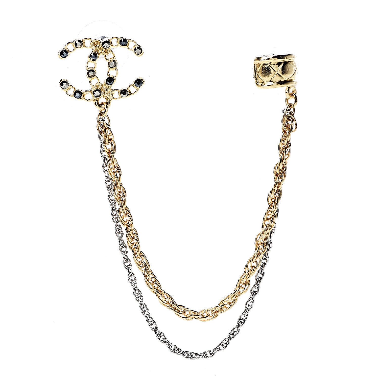 Chanel Crystal CC Chain Cuff Single Earring Gold Silver 1 of 5