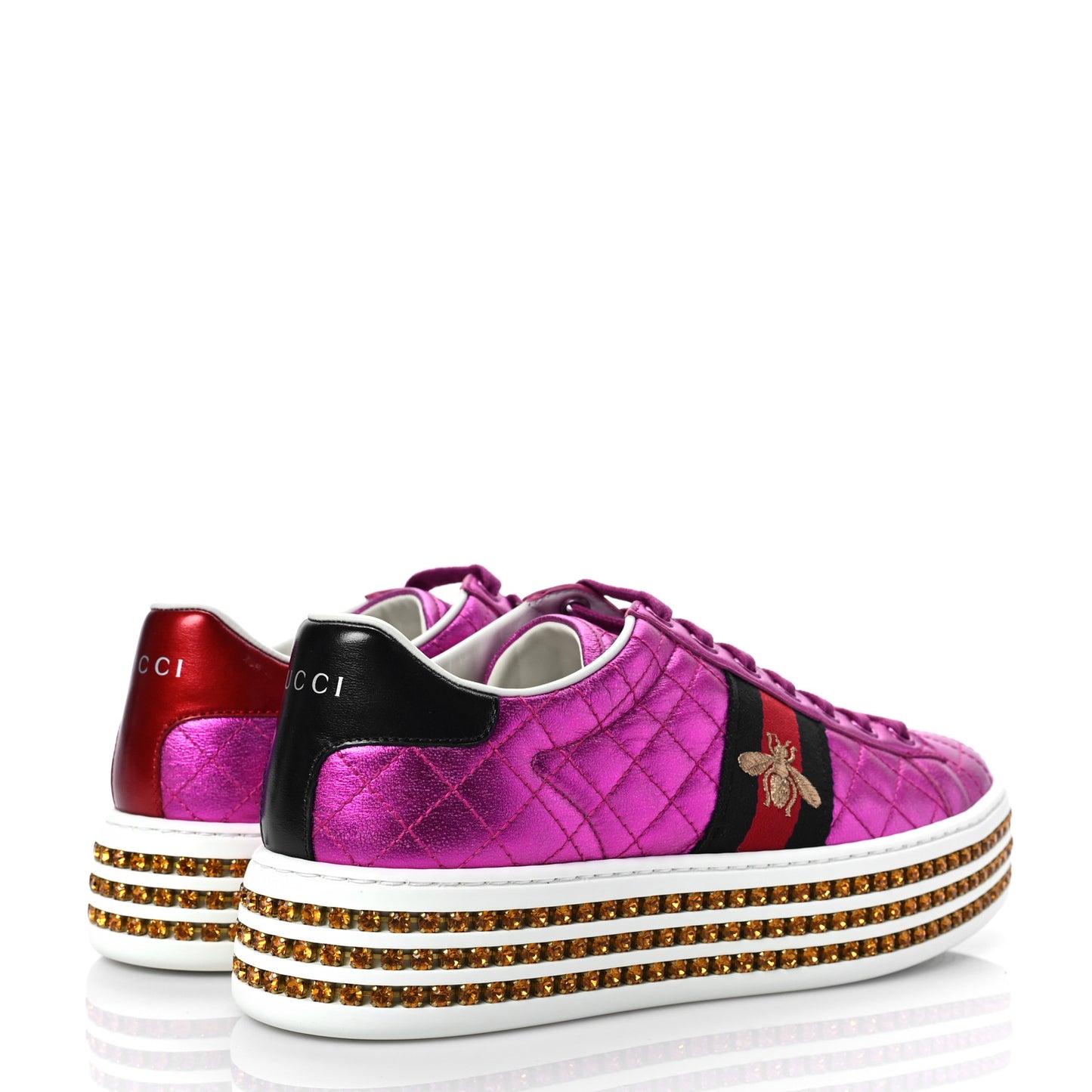 Laminated Nappa Crystal Web Bee Embroidered Trapuntata Womens Ace Platform Sneakers 37.5 Fuxia